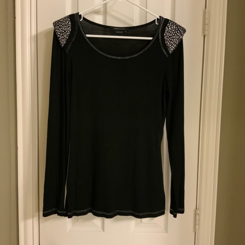 BCBG Jeweled Shoulder Long Sleeve Top